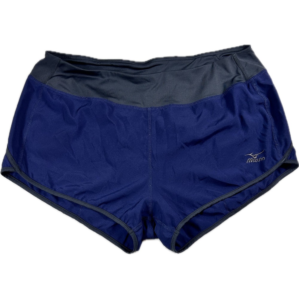 Mizuno Womens Blue Charcoal Grey Athletic Running Shorts Reflective Logo Large